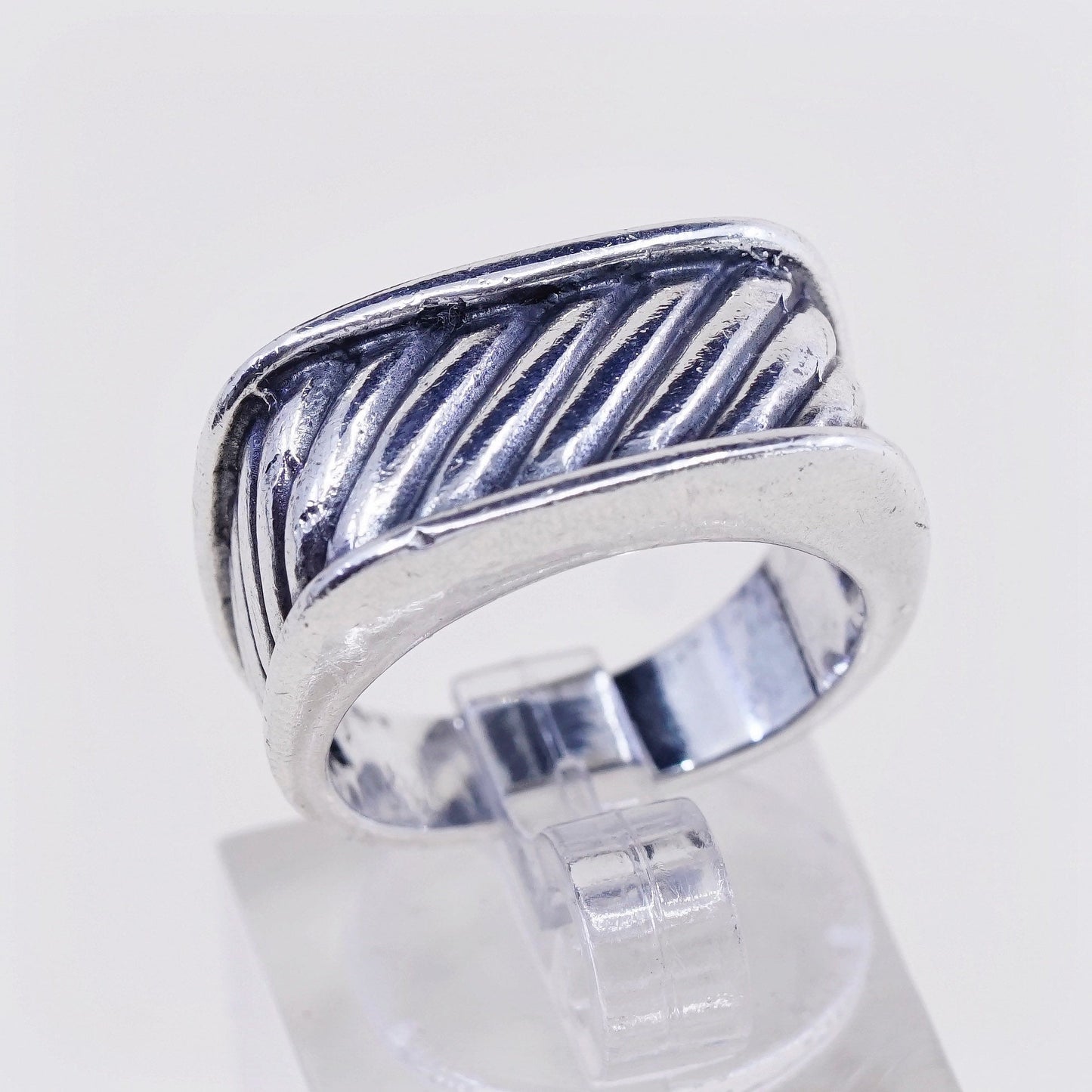 sz 6, vtg sterling silver handmade statement ring, 925 cable ribbed band