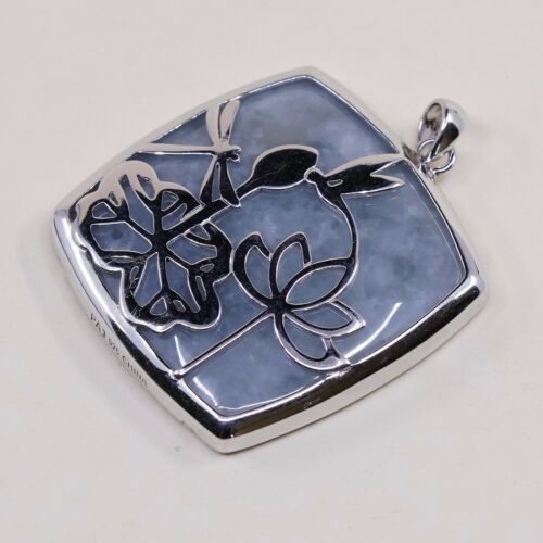 Vtg Sterling Silver Handmade Pendant solid 925 silver w/ Square jade N Flower