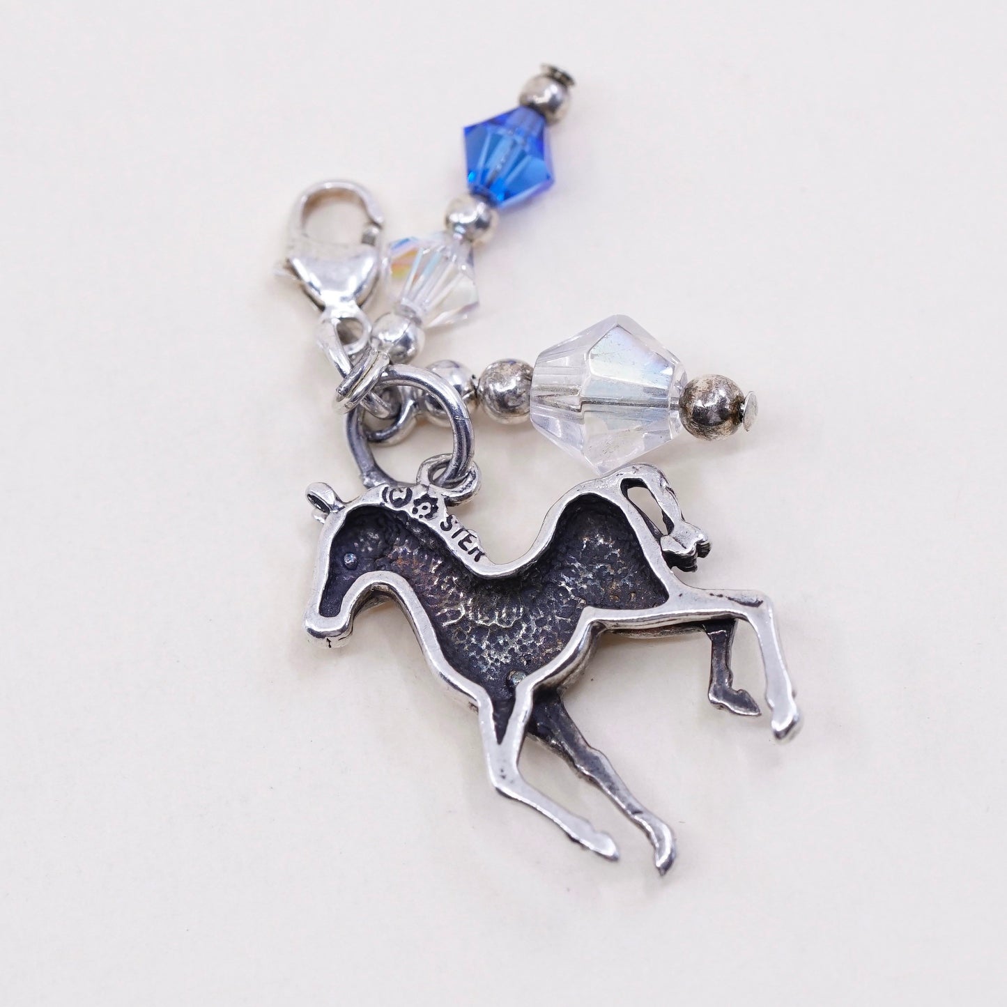 Handmade vintage Sterling silver pendant, 925 horse charm with crystal dangles