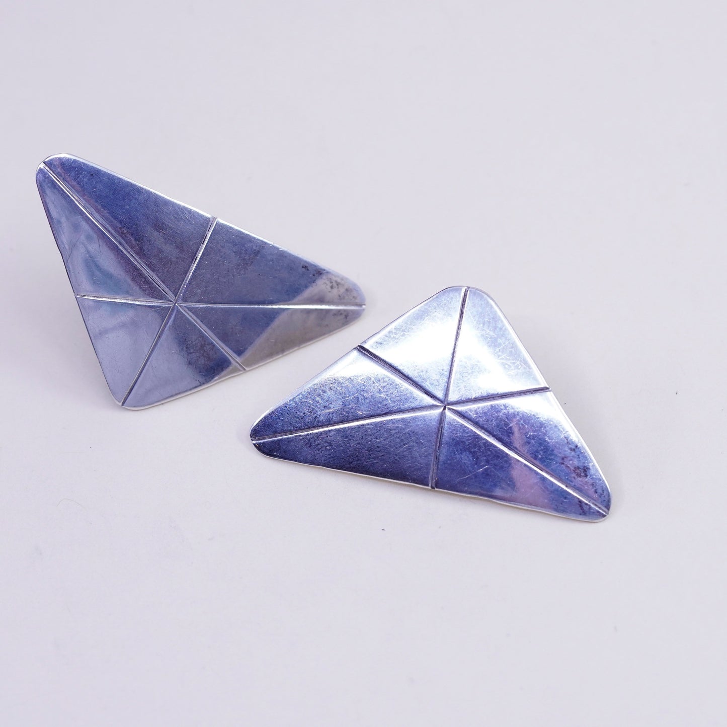Vintage Sterling silver handmade earrings, 925 triangular hammered studs