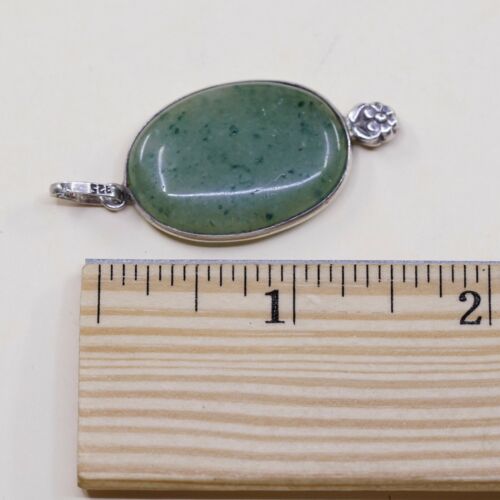 Vtg Sterling Silver Handmade Pendant solid 925 silver w/ Oval jade N Flowrt