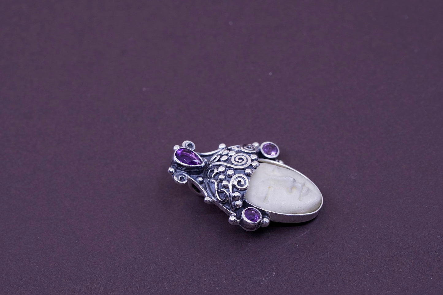 Vintage Sterling 925 silver handmade pendant with cow bone moon face N amethyst