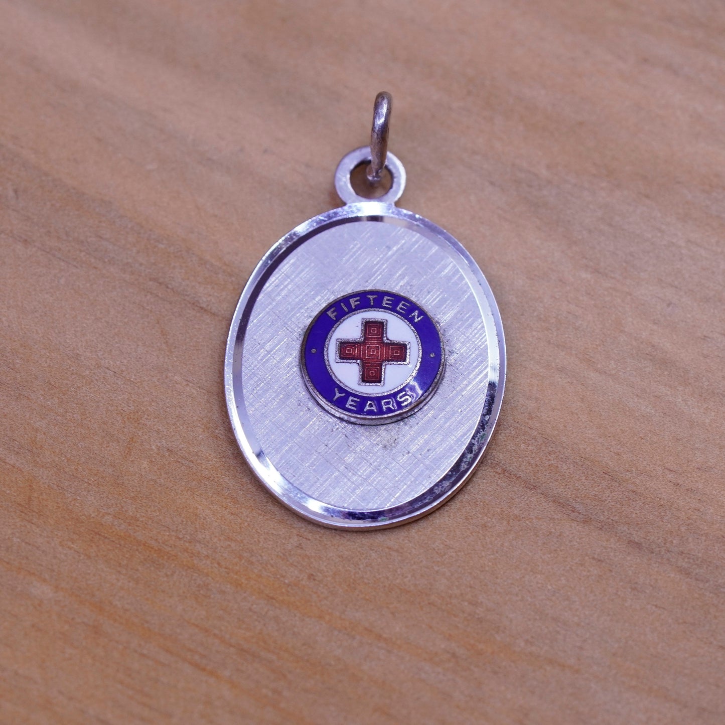 Sterling silver handmade charm, 925 enamel tag, engraved cross fifteen years