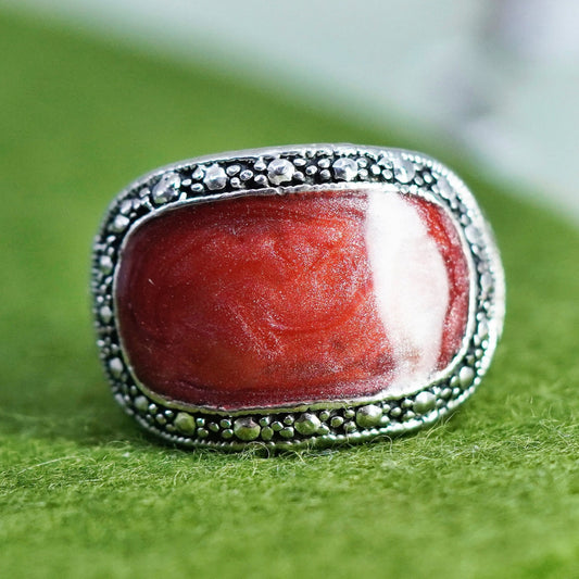 Size 7.25, Vintage sterling 925 silver handmade ring with red enamel marcasite