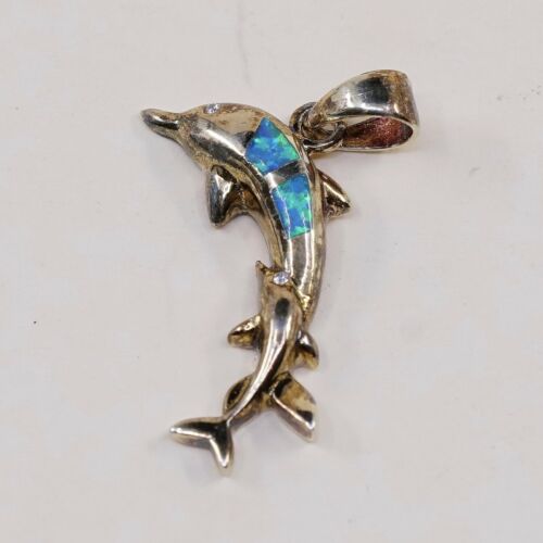 Vtg Vermeil Gold Over Sterling Silver Dolphin Pendant W/ Opal Inlay