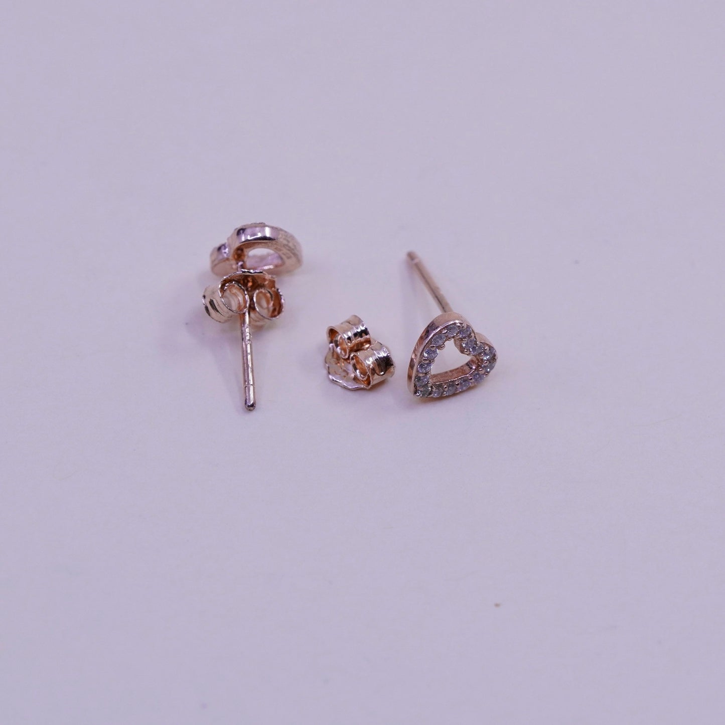 Vintage rose gold over sterling 925 silver heart cz studs, minimalist earrings