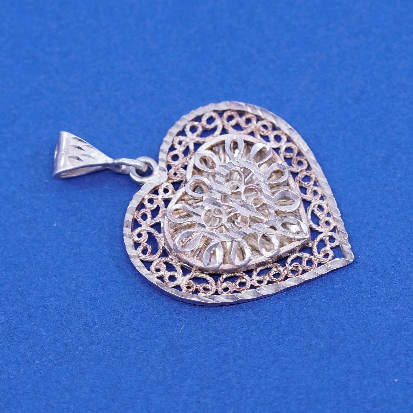 vtg Sterling silver handmade pendant, 925 puffy filigree heart