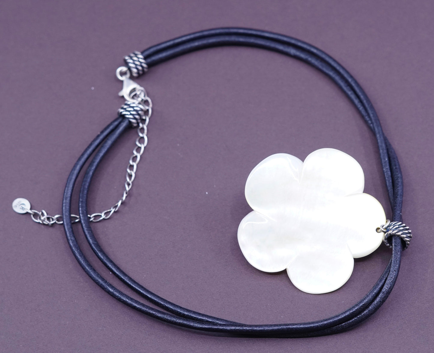 14+4”, multi strands leather necklace sterling 925 silver MOP flower pendants