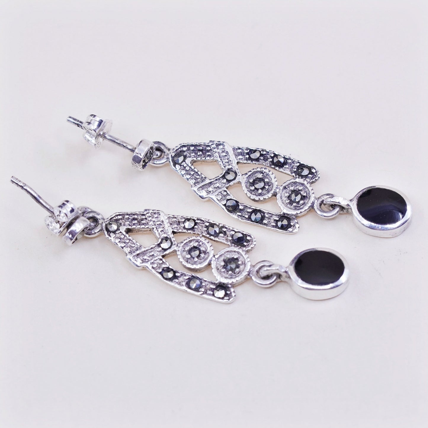 Vintage Sterling 925 silver handmade earrings with obsidian and marcasite