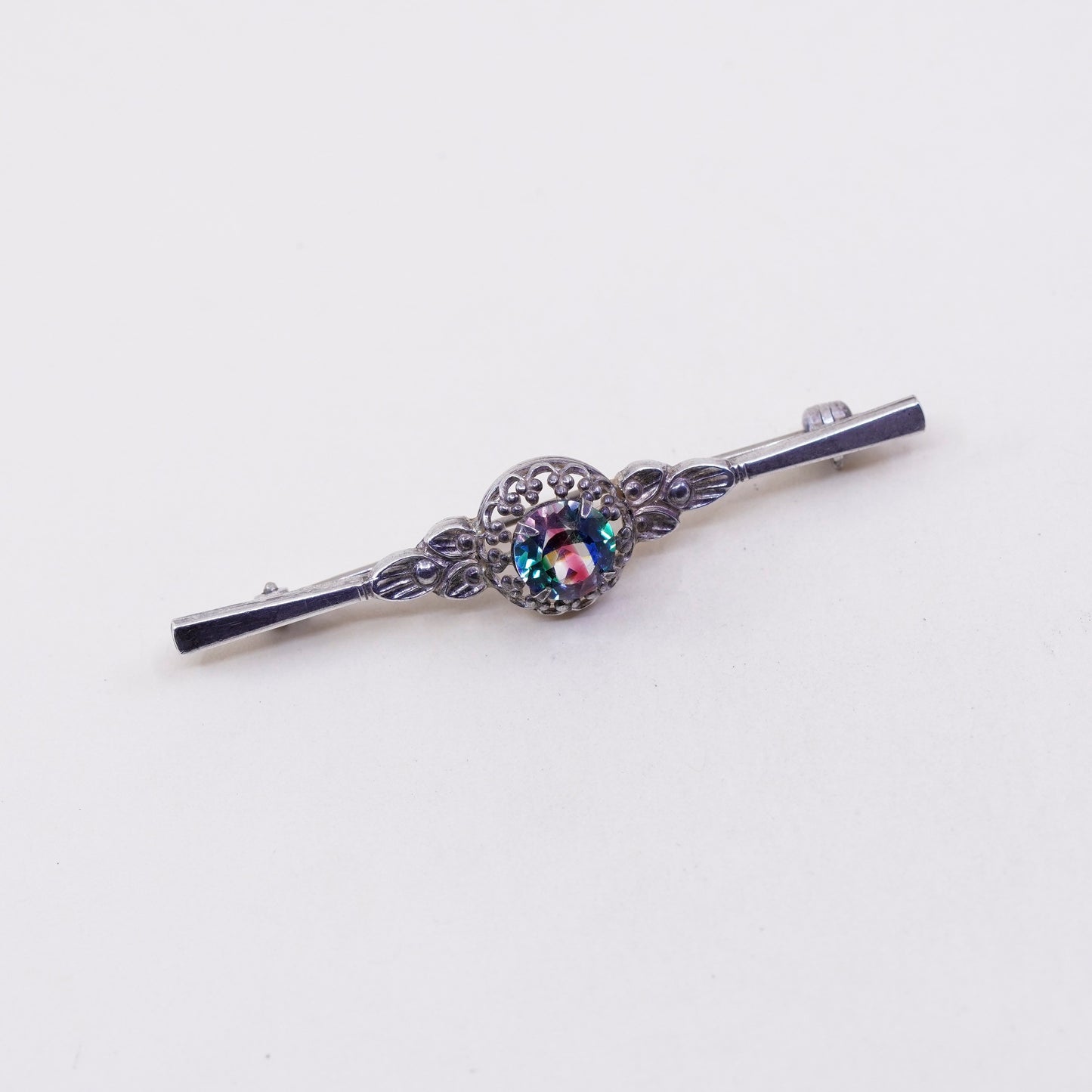 vtg sterling silver handmade brooch, 925 long filigree bar pin with fluorite