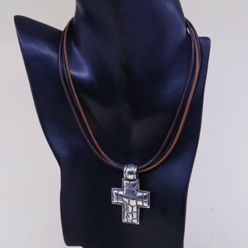 16”, Vtg Sterling 925 Silver Handmade Cross Pendant W/ BROWN Leather Necklace