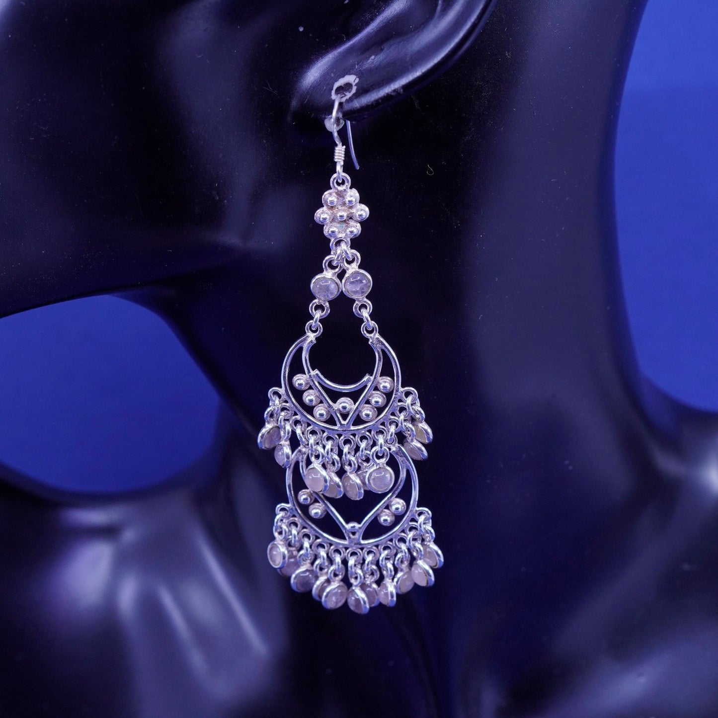 Sterling 925 silver handmade long filigree bead earrings pink quartz cluster