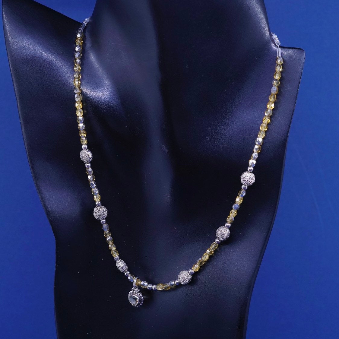 19”, vintage Sterling silver handmade necklace, 925 beads w/ citrine pendant