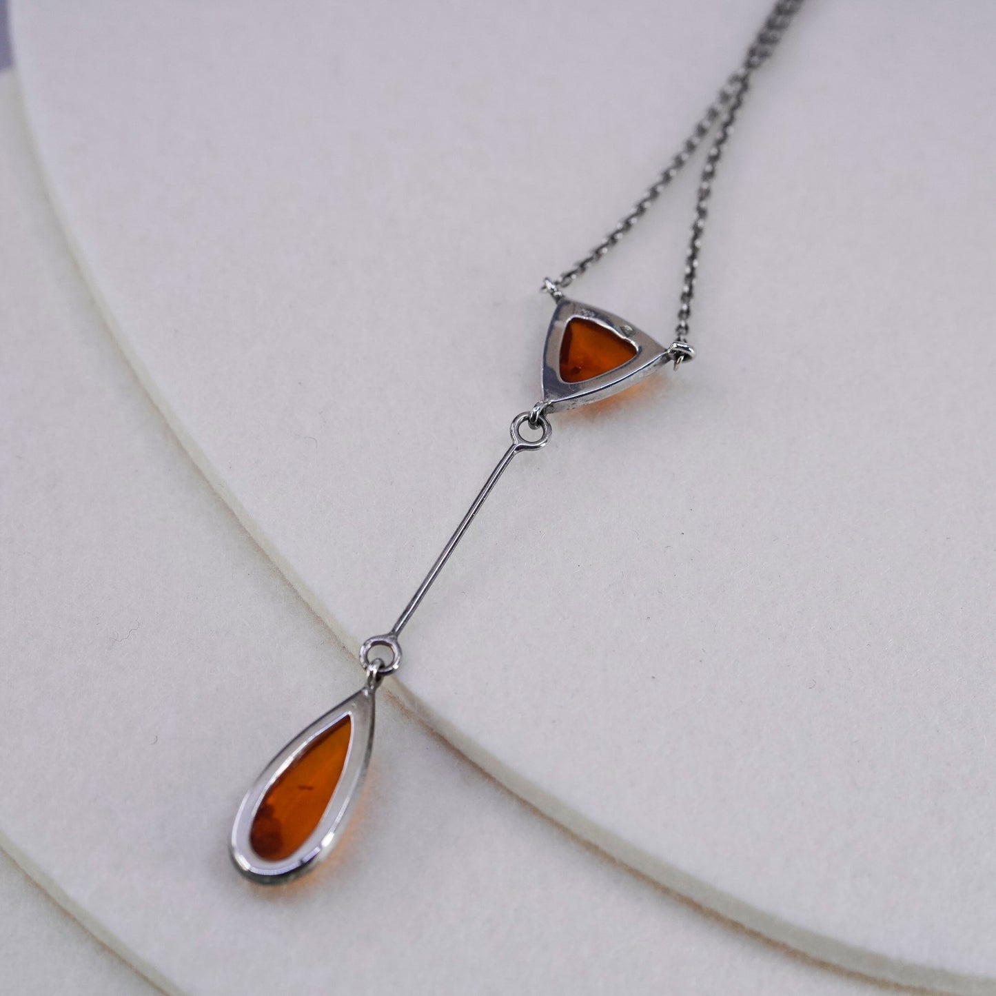 16”, vintage Sterling silver necklace, 925 circle chain with amber pendant