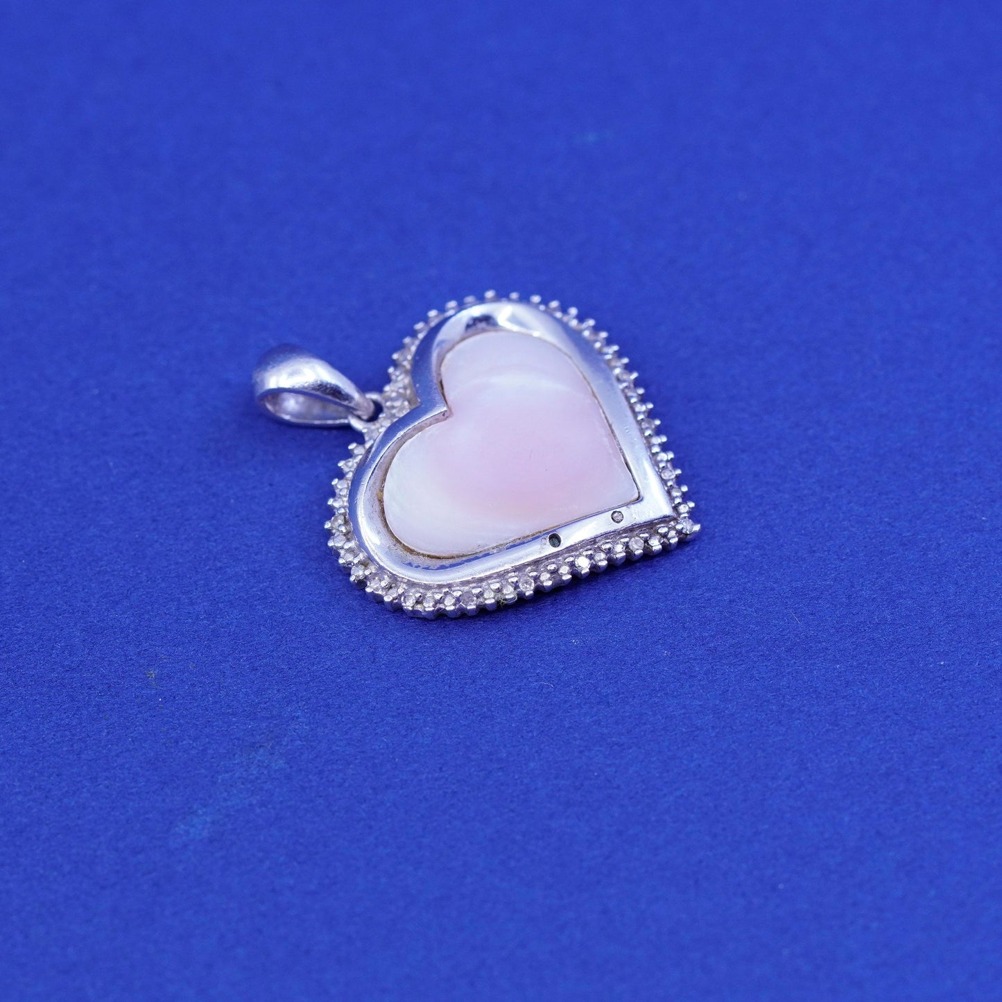 Sterling 925 silver handmade pendant with heart pink mother of pearl N diamond