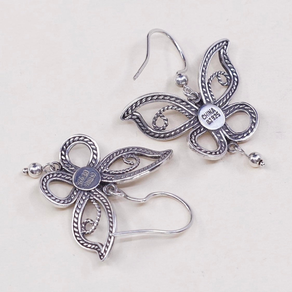 vtg BJ sterling silver handmade earrings, 925 butterfly w/ bead dangles
