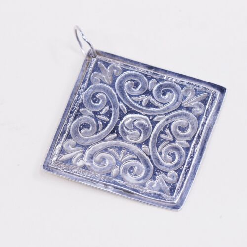 Vtg Sterling 925 Silver Handmade Square Pendant W/ Filigree Swirl, Silver Tested