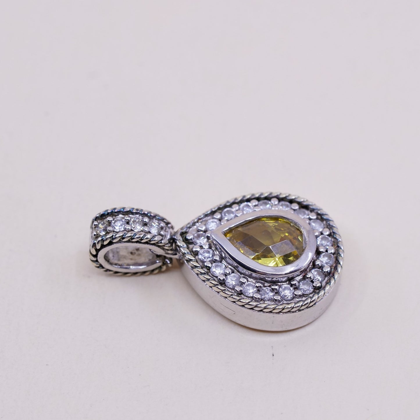 Vintage TGI sterling 925 silver handmade pendant with teardrop citrine and Cz