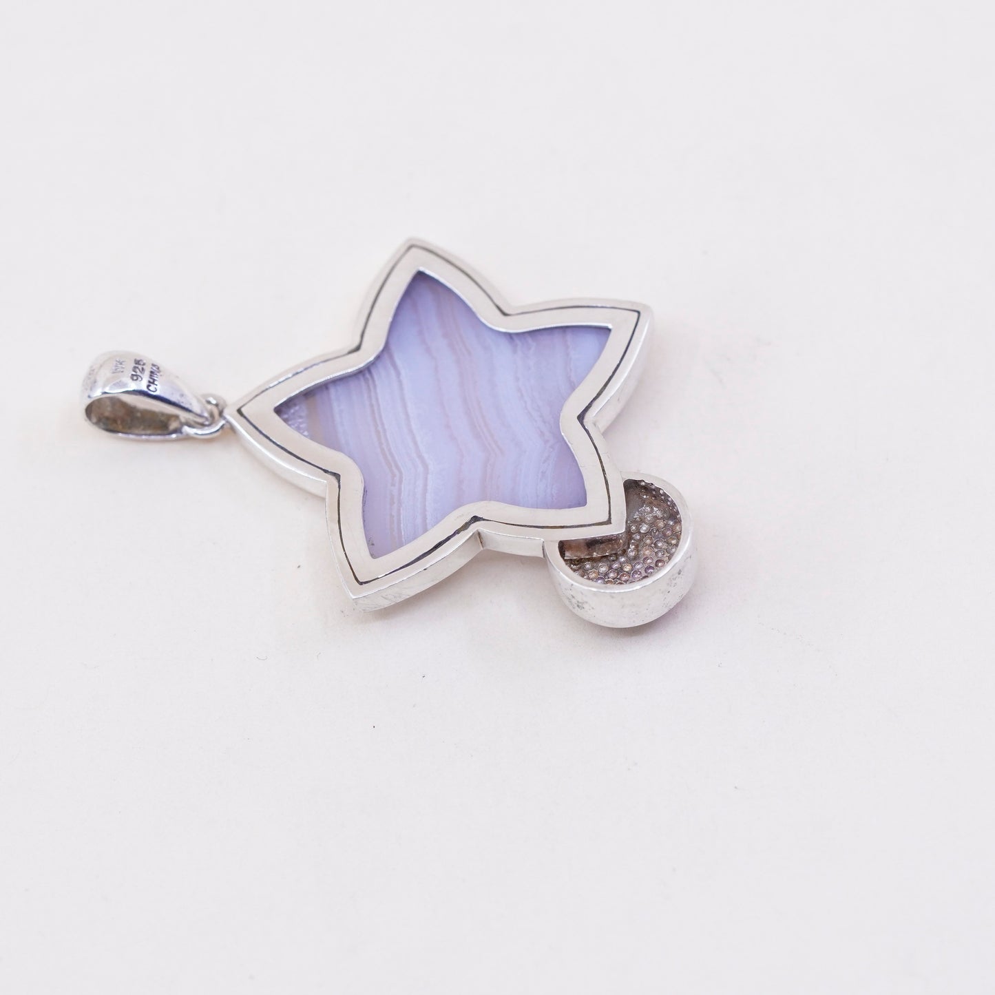 Vintage sterling 925 silver handmade pendant, with star lace agate and amethyst