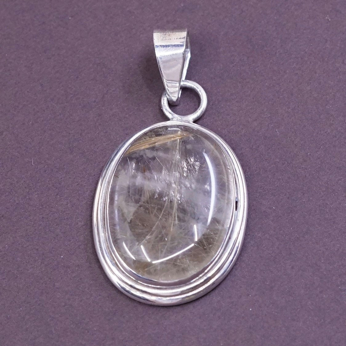 vtg Sterling silver handmade pendant, solid 925 silver with rutilated quartz