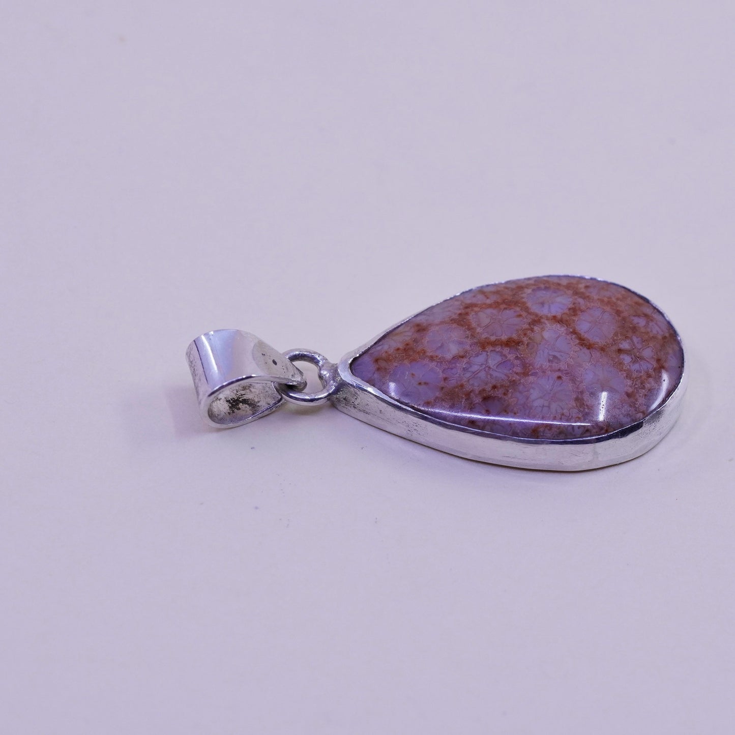 sterling silver handmade pendant, Native American, 925 teardrop fossil coral