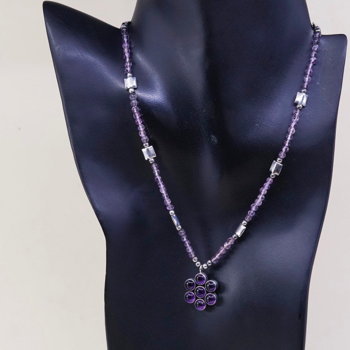 16”, vtg Sterling silver beads handmade necklace N amethyst flower pendant