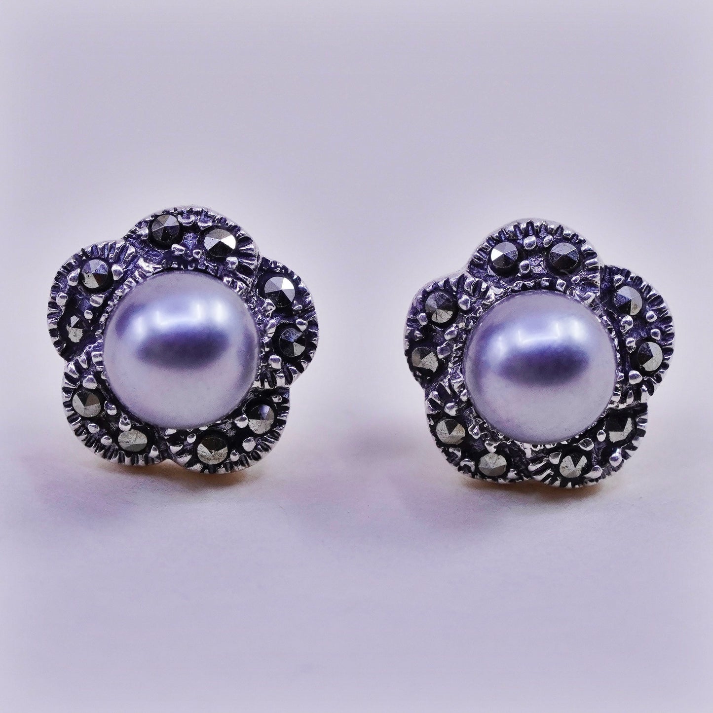 Vintage sterling silver earrings, 925 flower studs with gray pearl marcasite