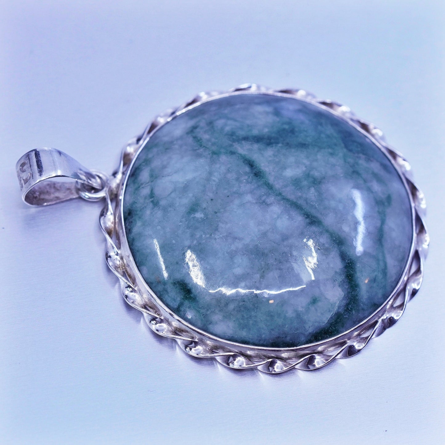 antique sterling 925 silver handmade round pendant green jade phenix temple