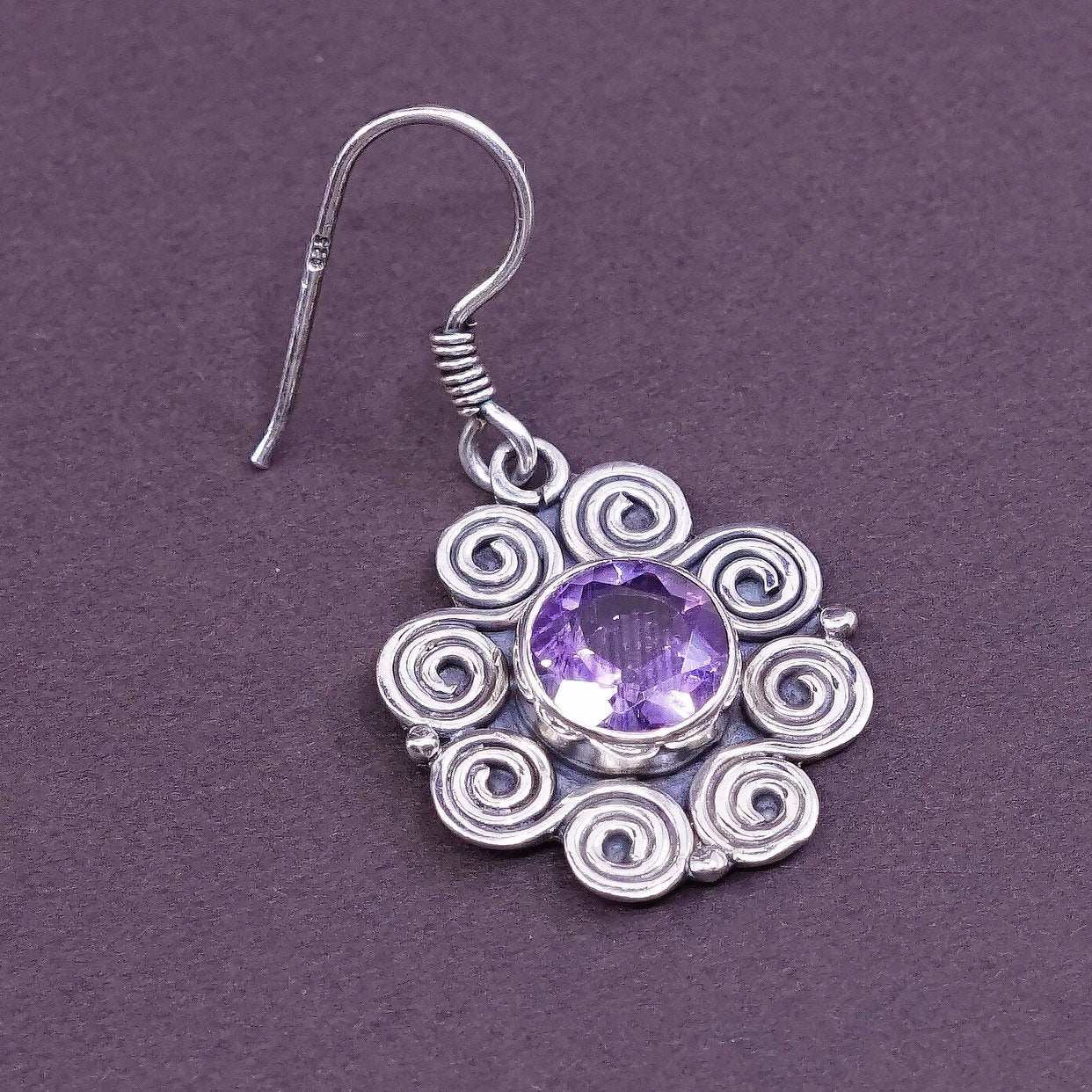 vtg Sterling silver handmade earrings, 925 swirl flower dangles w/ amethyst