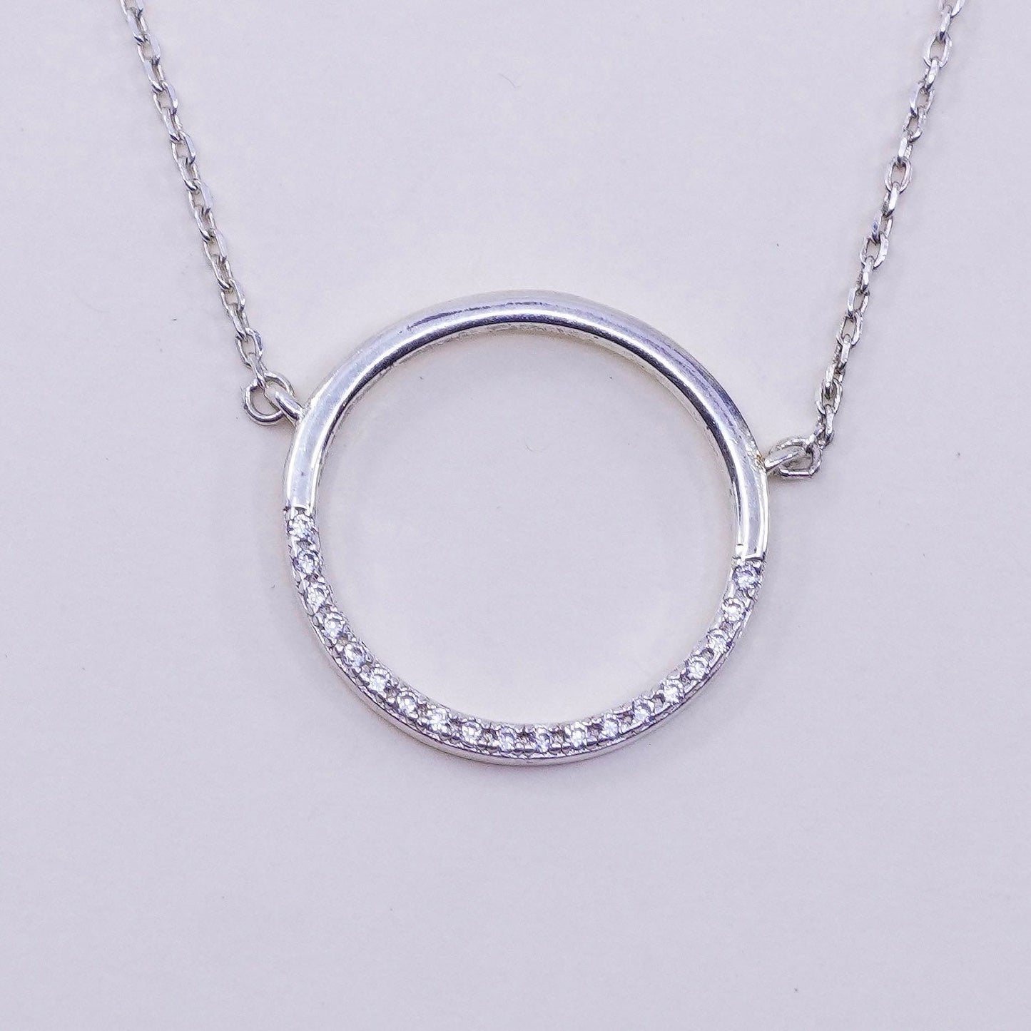 16+2”, vintage Sterling silver necklace, 925 circle chain w/ circle pendant Cz