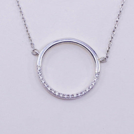 16+2”, vintage Sterling silver necklace, 925 circle chain w/ circle pendant Cz