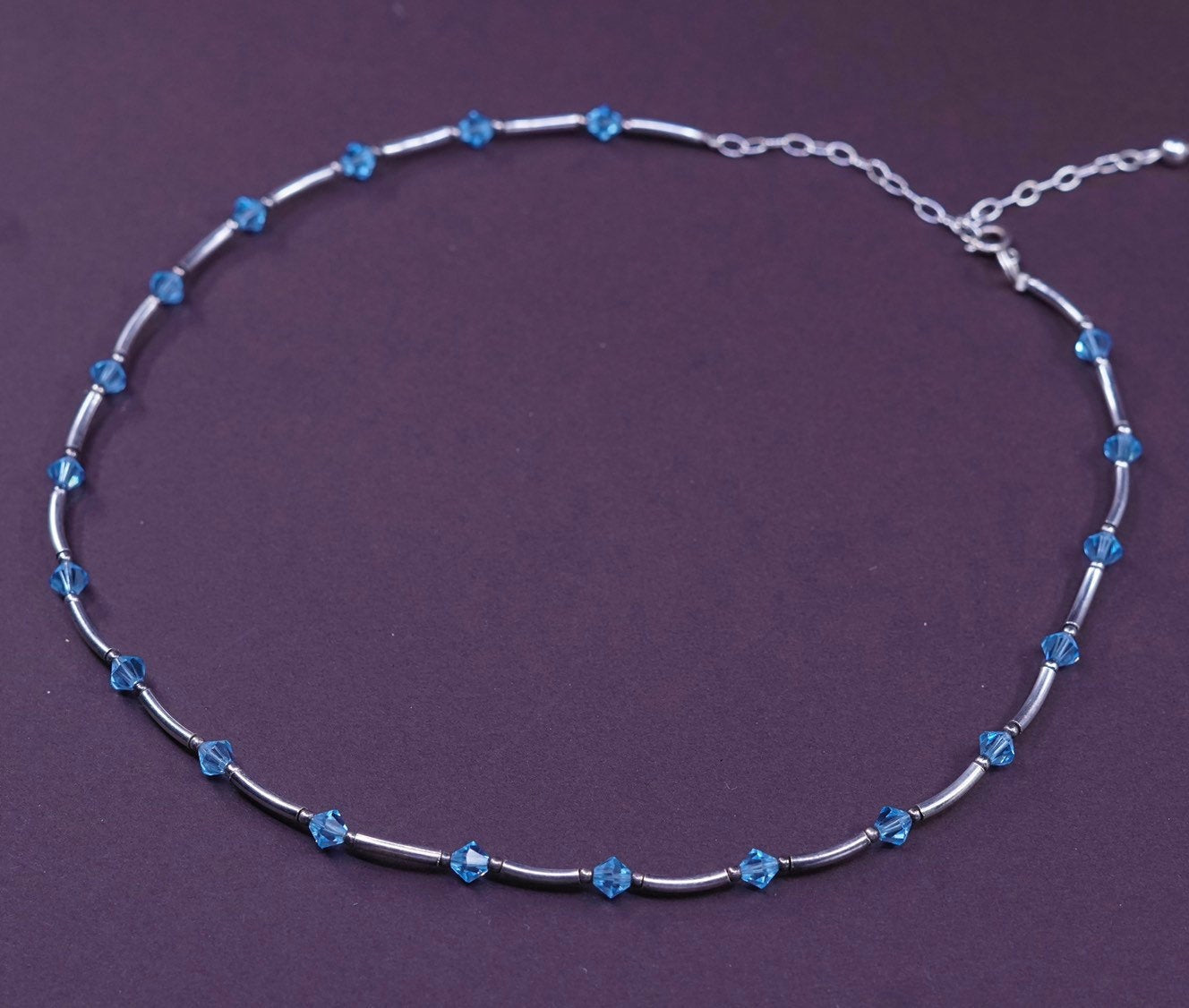 15"+3”, Sterling silver handmade necklace, 925 Bar w/ Swarovski blue bead