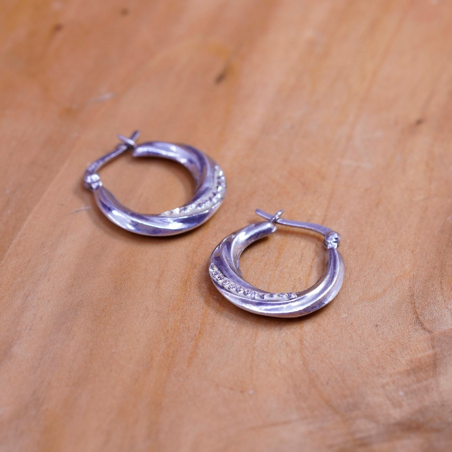 0.75”, Vintage Sterling silver handmade earrings, ribbed 925 hoops with cz