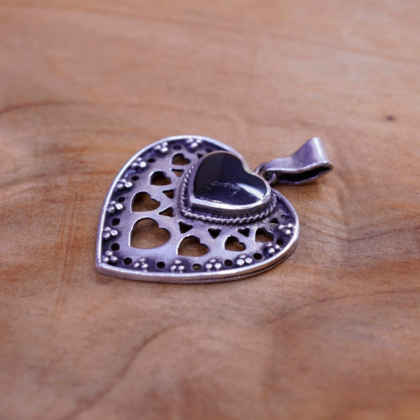 BONA Sterling 925 silver handmade heart pendant with obsidian and filigree