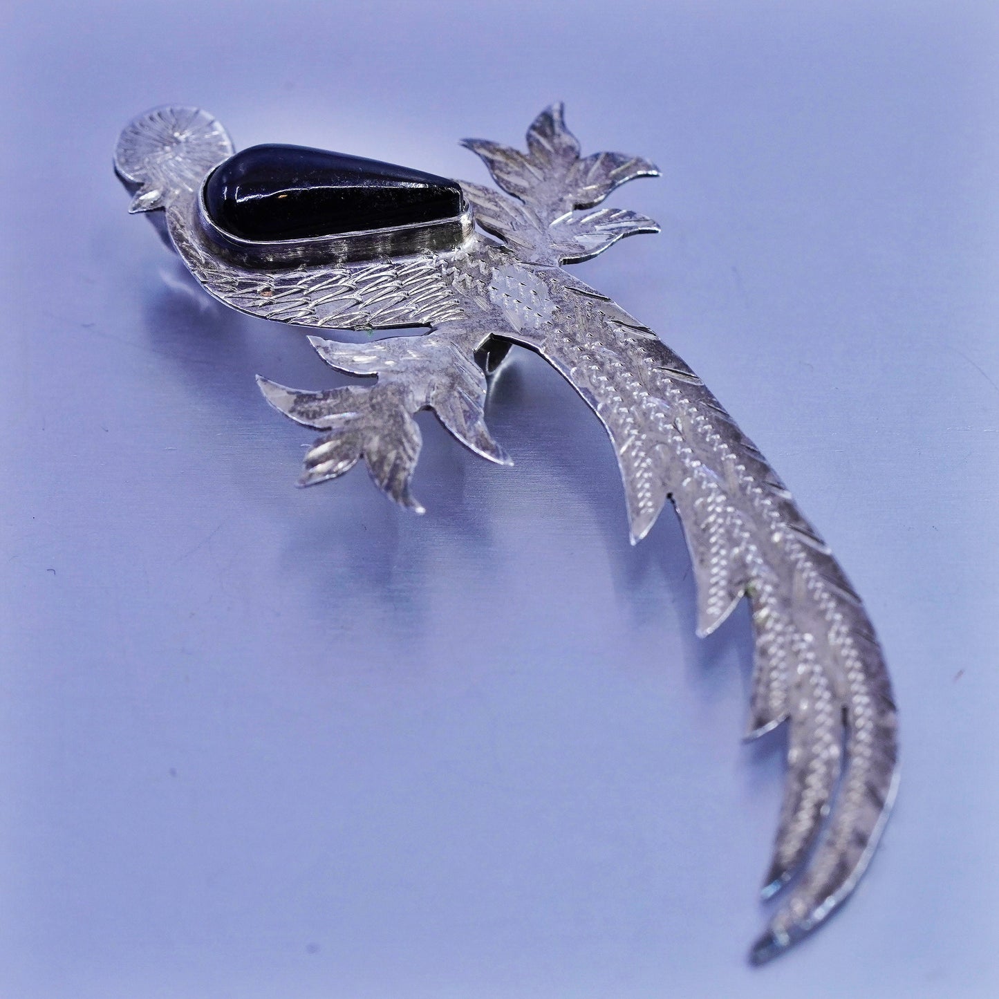 Vintage Sterling 925 silver handmade bird peacock brooch, pin with obsidian