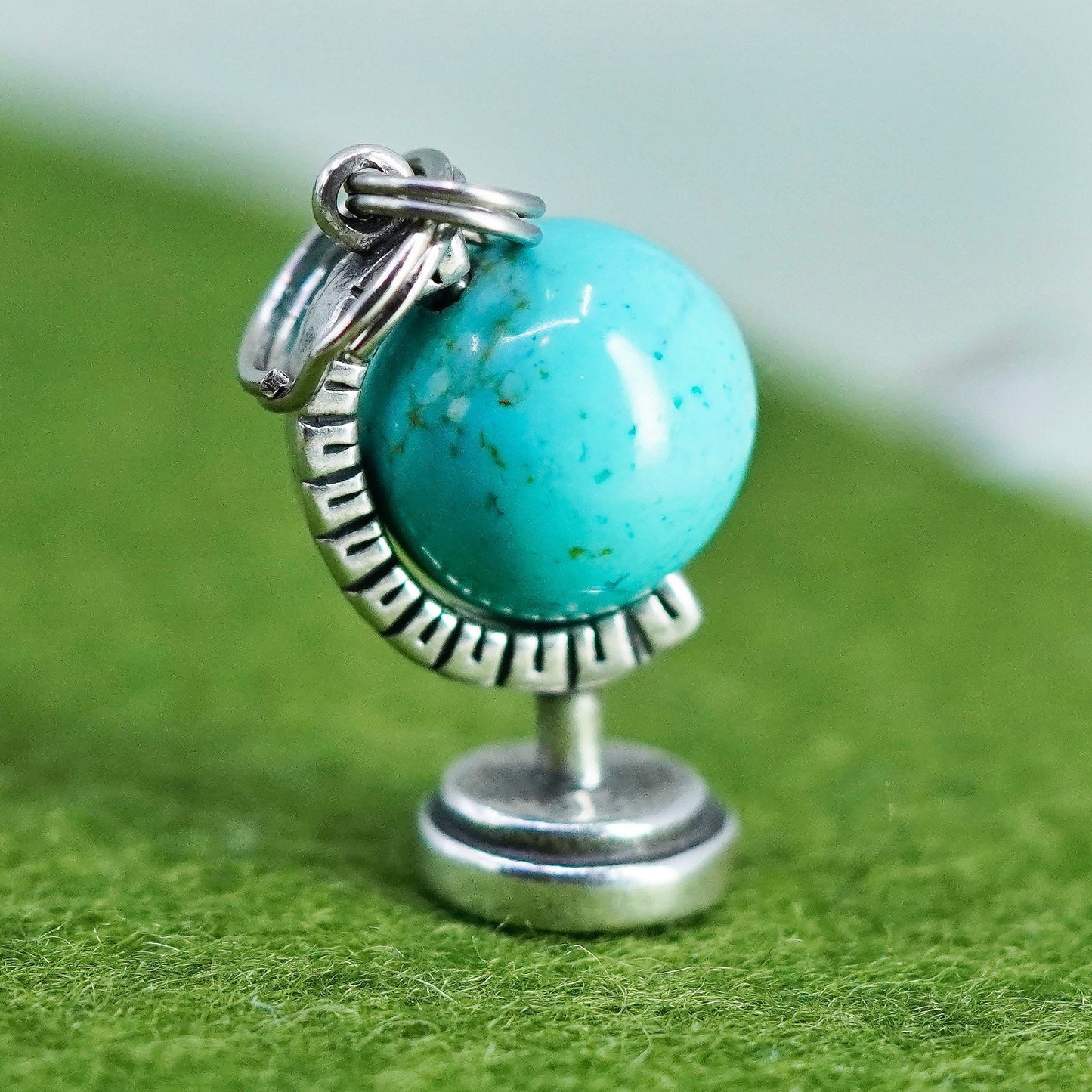 Vintage sterling silver handmade pendant, 925 globe charm with turquoise