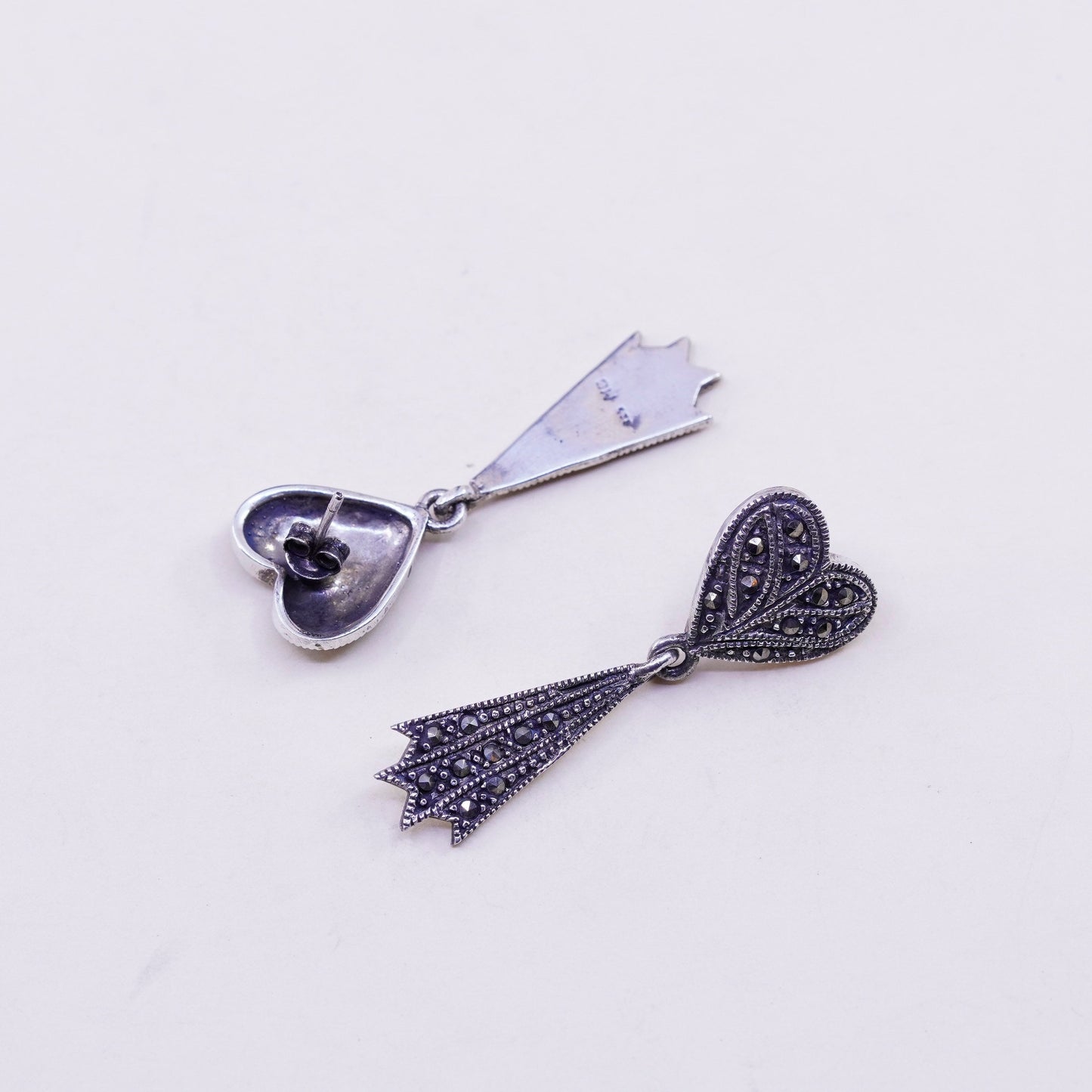 Vintage Sterling 925 silver handmade heart earrings with Marcasite