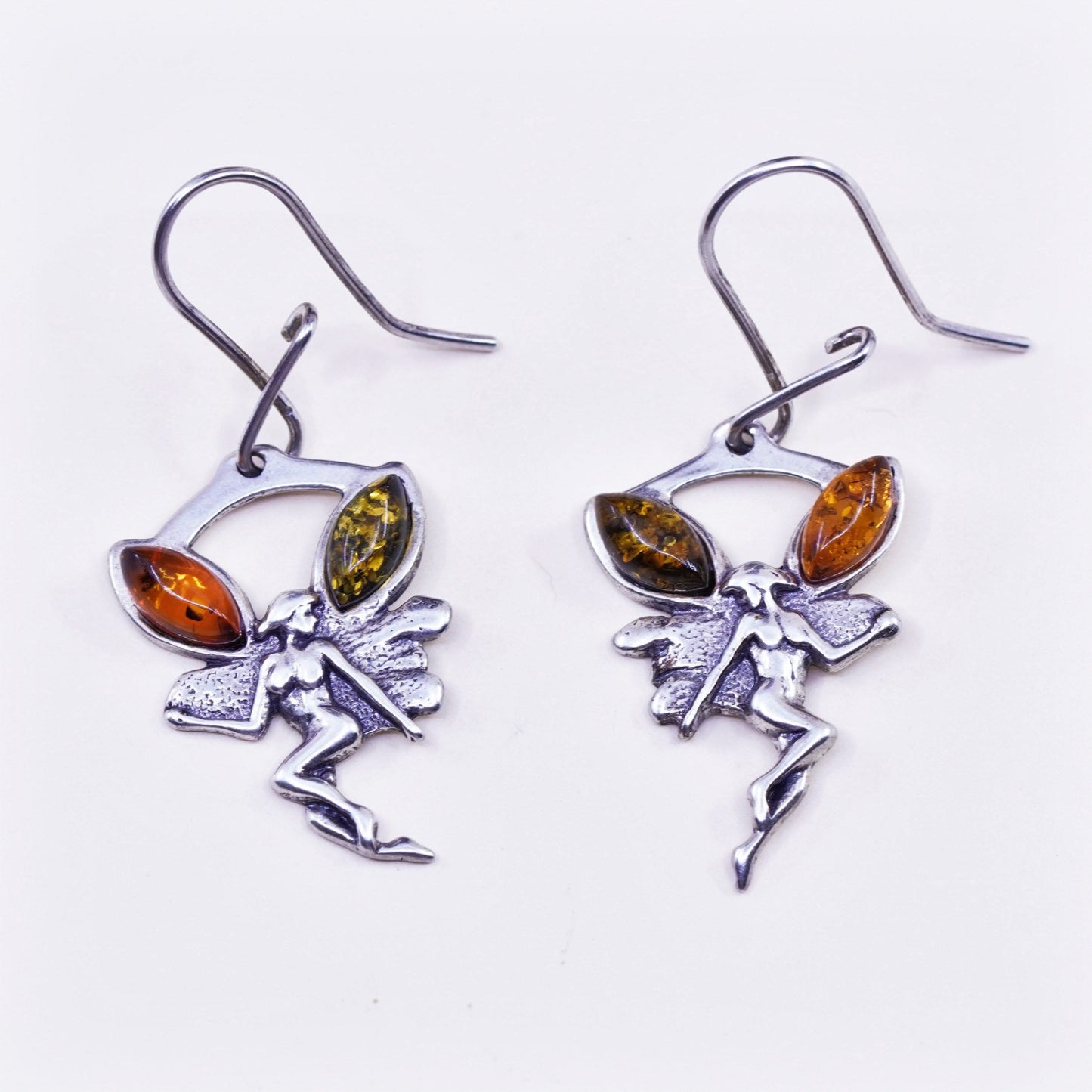 Vintage Sterling silver handmade earrings, 925 fairy with amber
