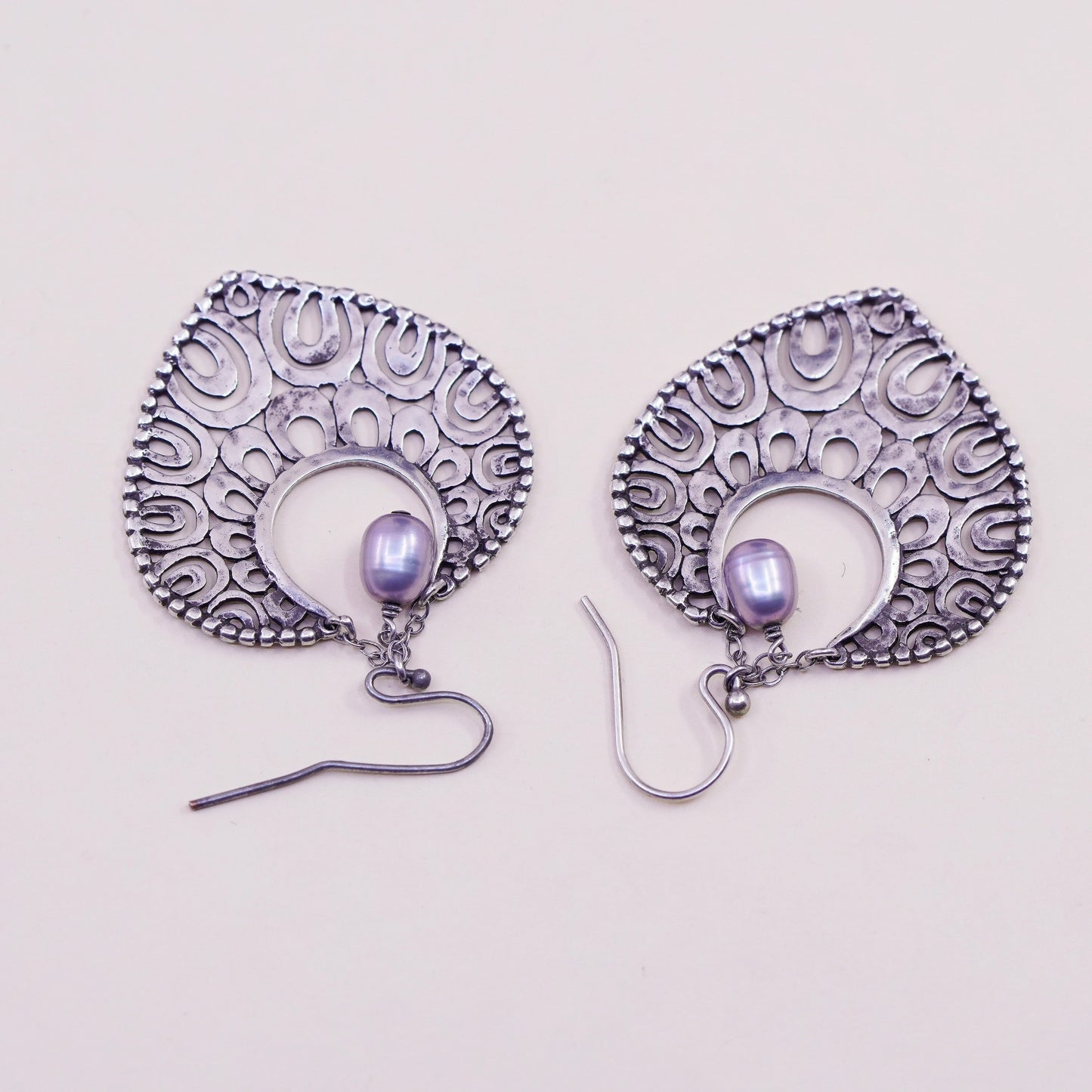 Indonesia Sterling silver handmade earrings, 925 filigree teardrop pearl beads