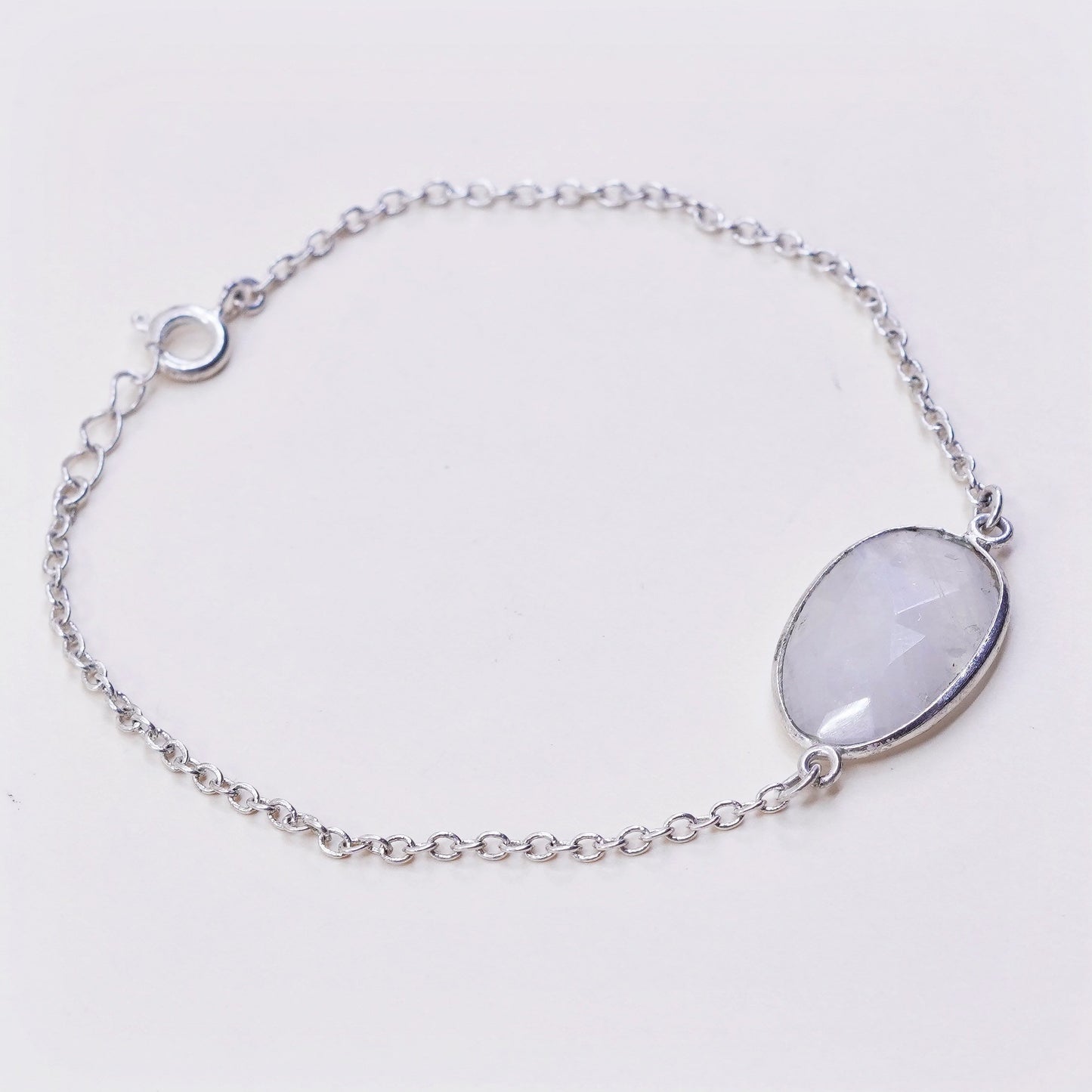 7.25”, Vintage Sterling 925 silver handmade circle chain bracelet w/ moonstone