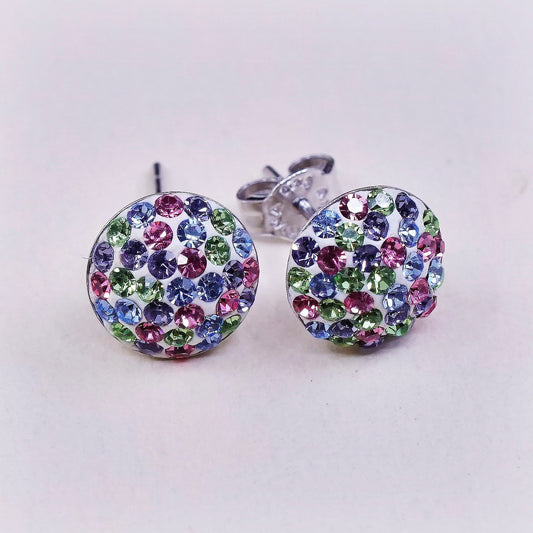 vtg sterling silver handmade earrings, 925 round studs w/ colorful cluster cz