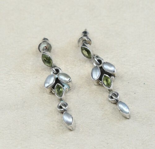 Vtg STERLING SILVER earrings with pearl N Peridot dangles stamped 925