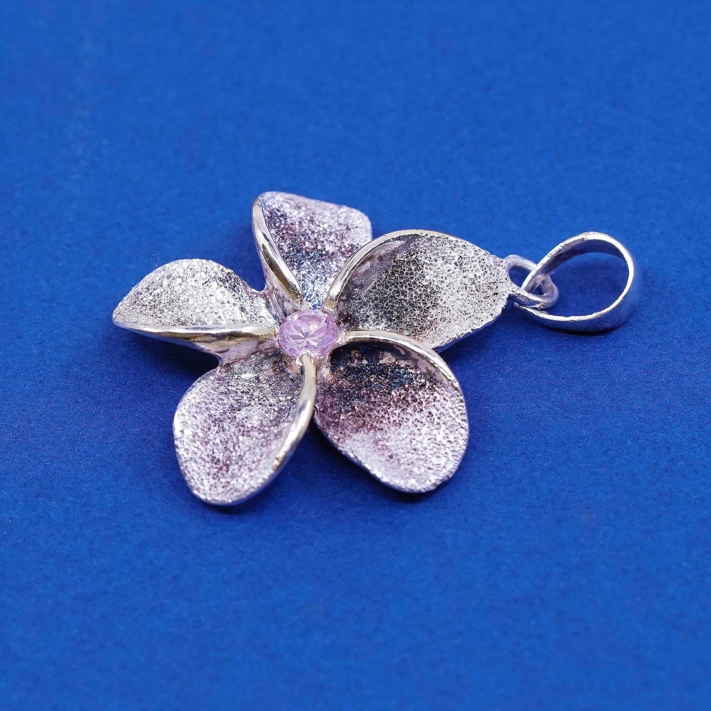 Vintage Sterling silver handmade pendant, 925 flower with pink, stamped 925