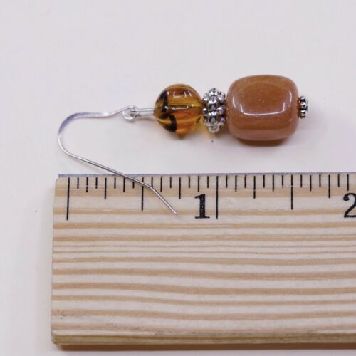 Vtg Sterling Silver handmade Earrings, 925 Silver W/ Orange Agate N Amber