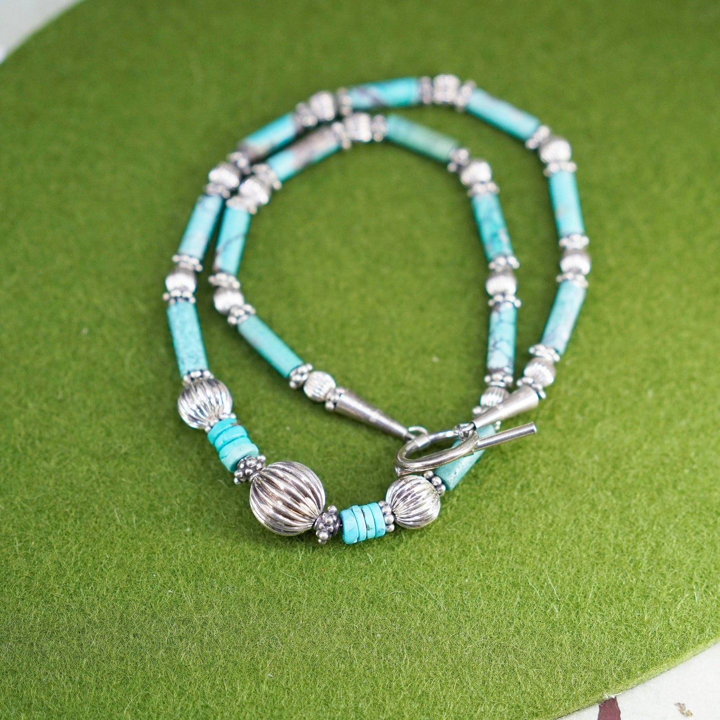 18”, Native American Navajo Sterling necklace, 925 silver beads turquoise tubes