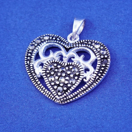 Vintage Sterling silver handmade pendant, filigree 925 heart with marcasite