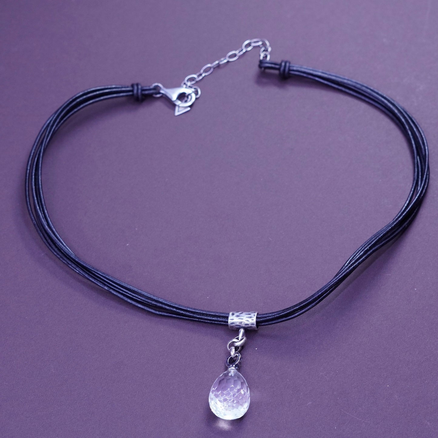 16+2” silpada black Leather necklace Sterling 925 Silver slide teardrop crystal