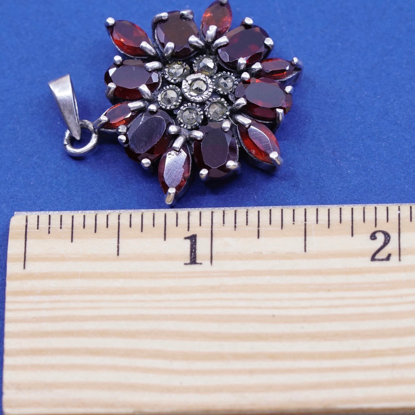 vtg Sterling silver handmade pendant, 925 flower with ruby and Marcasite