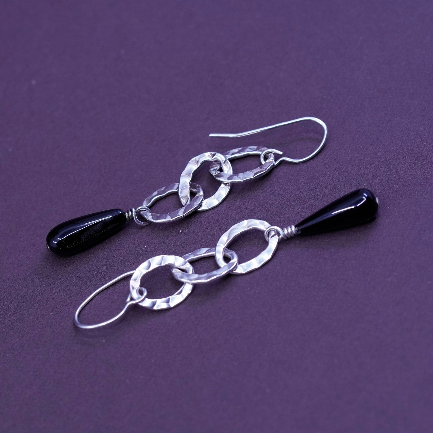 shube Sterling silver handmade earrings, 925 oval linen with teardrop obsidian