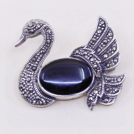 Sterling silver handmade brooch, 925 pin with obsidian swan bird and marcasite